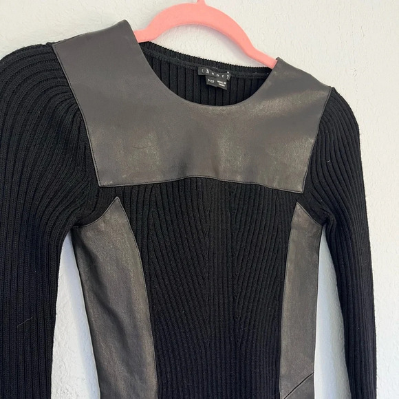 Theory Black Lambskin Leather Trim Long Sleeve Stretch Sweater Dress Size P/TP - Picture 4 of 11